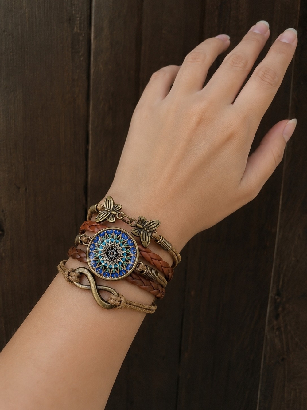 Boho Blue Mandala MultiLayer Leather Bracelet Faux Leather New
